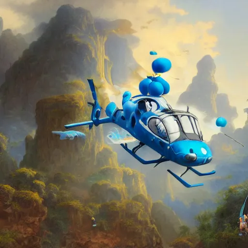 Image similar to highly detailed matte painting of smurfs piloting a helicopter, by Artgerm,Greg Rutkowski,Alphonse Mucha, 4k resolution ((cloudy background))