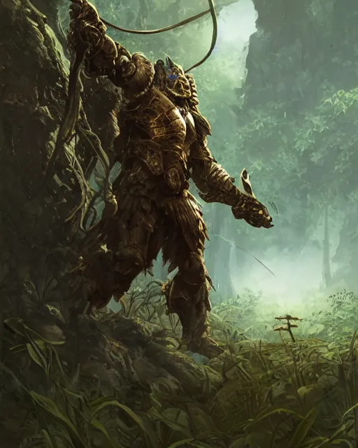 Image similar to Panther warrior in armor sneaking in jungle, portrait, magic the gathering artwork, D&D, fantasy, cinematic lighting, centered, symmetrical, highly detailed, digital painting, artstation, concept art, smooth, sharp focus, illustration, volumetric lighting, epic Composition, 8k, art by Akihiko Yoshida and Greg Rutkowski and Craig Mullins, oil painting, cgsociety