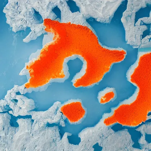 Prompt: top down view of map of country iceland made out of ice, accurate map, surrounded by ocean made out of hot orange lava, realistic