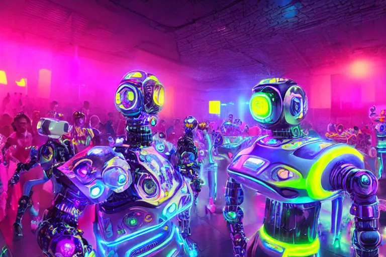 Image similar to robodad cybercore disco rave. bright scene. fine detail. this 4 k hd image is trending on artstation, featured on behance, well - rendered, extra crisp, features intricate detail, epic composition and the style of unreal engine.