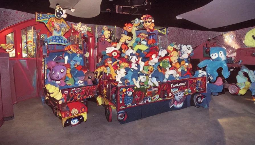 Prompt: 1990s photo of inside the Haunted Beanie Babies ride at Universal Studios in Orlando, Florida, riding a Beanie Baby through a haunted world , cinematic, UHD