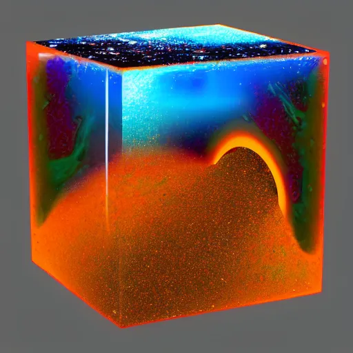 Prompt: photo of a diorama of the hole universe inside a epoxy resin cube, very colourful, cinematic lighting, soft neon, octane render, trending on Artstation