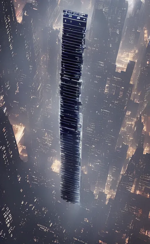 Image similar to a intricate detailed spaceship designed by peter schreyer flying over NYC in style of blade runner 2049