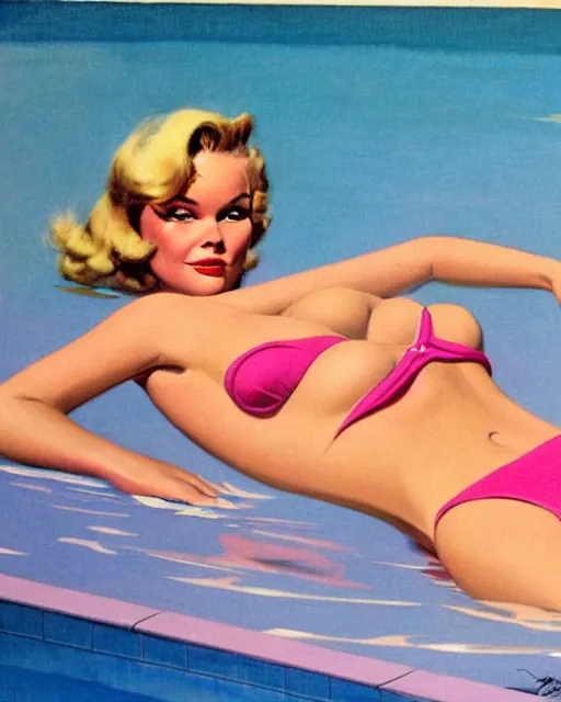 Prompt: tuesday weld in a pink bikini, tuesday weld half immersed in water in a palm springs midcentury swimming pool by gil elvgren, by mort kunstler, by basil gogos, cryengine, raytracing