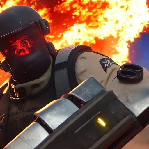 Image similar to Montagne from Rainbow Six Siege standing on a hoverboard leaving behind a trail of flames and explosions