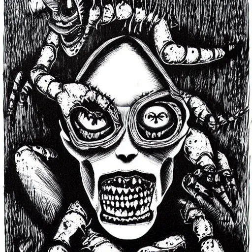 Image similar to a black and white drawing of a creepy creature, a woodcut by david wojnarowicz, deviantart, gothic art, made of insects, grotesque, demonic photograph