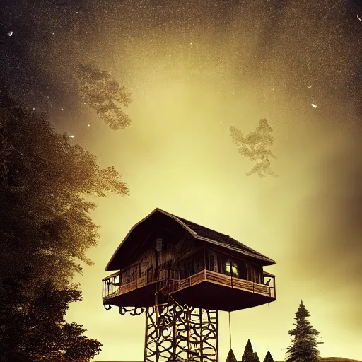 Image similar to an lone haunted treehouse on the moon, in a storm, golden hour, ray tracing reflection, 8k, hyper realistic, insanely detailed, hdr, octan render,