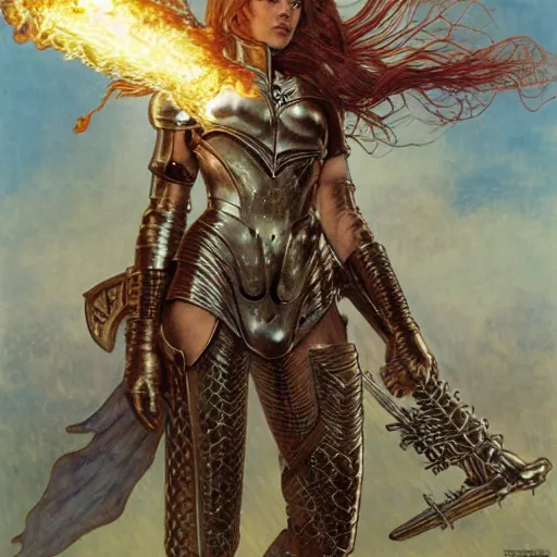 Prompt: quarter length portrait of a armored female valkyrie with a flaming sword, d & d, fantasy, luis royo, magali villeneuve, donato giancola, wlop, krenz cushart, hans zatka, klimt, alphonse mucha