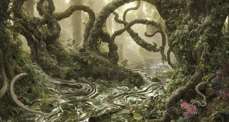 Image similar to elegant marble carving of tentacles, ferdinand knab, breath - taking beautiful trees, streams, flowers, and mist, an aesthetically pleasing, dynamic, energetic, lively, complex, intricate, detailed, well - designed digital art of trees, streams, flowers, and mist, early morning, light and shadow