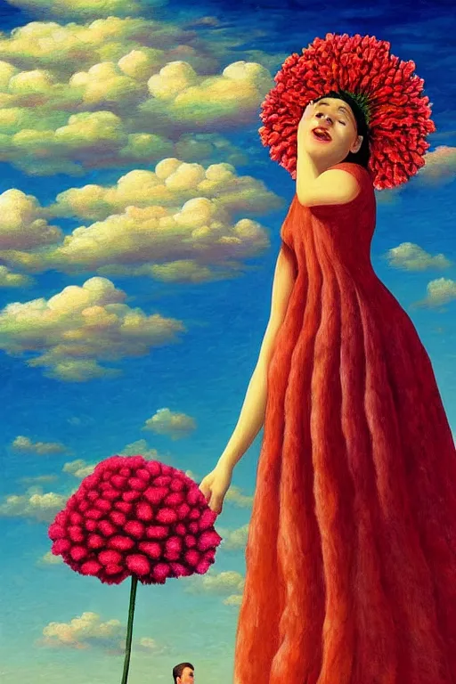 Prompt: closeup, giant carnation flower head, woman falling, surreal, clouds in sky, impressionist painting, digital painting, artstation, rob gonsalves