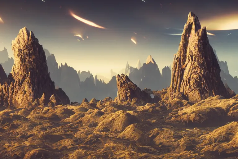 Image similar to an alien landscape featuring towering mountains, strange plants, and an otherworldly sky, 4 k photorealism