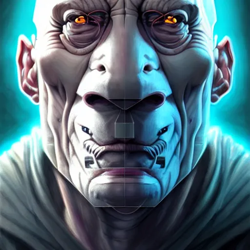 Image similar to portrait painting of a cyberpunk orc doctor who looks like patrick stewart with tusks, shadowrun, ultra realistic, concept art, intricate details, eerie, highly detailed, photorealistic, octane render, 8 k, unreal engine. art by artgerm and greg staples and elsa beskow and brian froud and jessica rossier