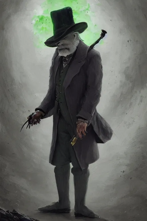 Prompt: A fancy portrait of a grey hair old halfling with no beard and green eyes wearing a black top hat and suit by Greg Rutkowski, Sung Choi, Mitchell Mohrhauser, Maciej Kuciara, Johnson Ting, Maxim Verehin, Peter Konig, Bloodborne, 8k photorealistic, cinematic lighting, HD, high details, dramatic, dark atmosphere, trending on artstation