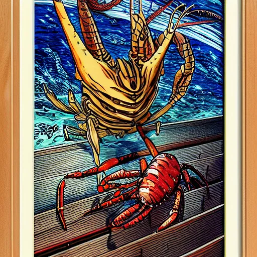 Prompt: lobster skater, inside a frame on a tiled wall, frontal picture, by yoichi hatakenaka, masamune shirow, josan gonzales and dan mumford, ayami kojima, takato yamamoto,