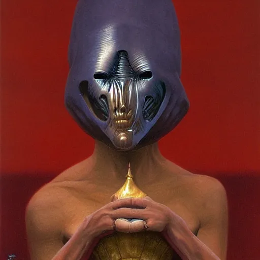 Image similar to female in golden mask by Wayne Barlowe
