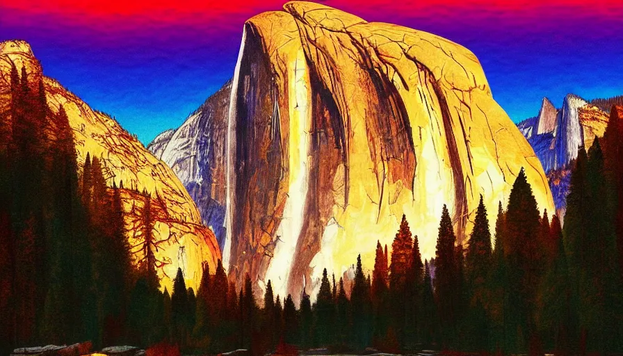 Prompt: a retrowave style artwork of yosemite national park, a land of the dead, divine, hazy, volumetric lighting, spacetime bending, very detailed, serene, gold accents, washed out colors, beautiful artwork, master level composition, raytracing