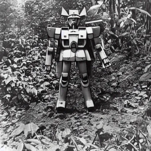 Prompt: a 1900s photo of a gundam found abandoned in a cambodian forest,