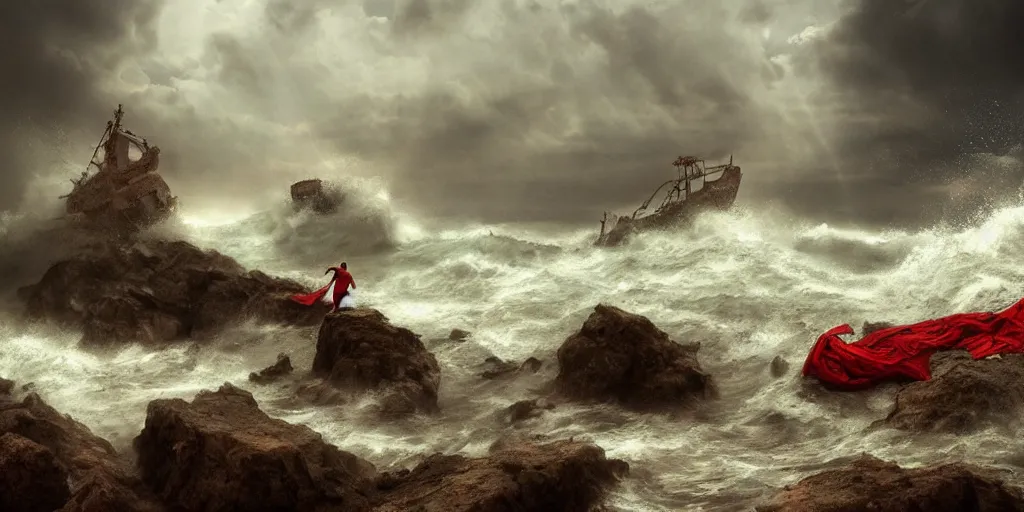 Image similar to “ a roman in a red tunic crawls from the ocean onto a rocky beach ” “ wreckage of a trireme in ocean ” “ stormy seas, lightning, fog, waves ” dark fantasy, cinematic, very detailed, mist, volumetric lighting, golden ratio, vivid, trending on artstation, 4 k matte painting,