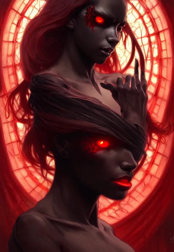 Image similar to a black smoked demon with red eyes, fantasy magic, dark light night, intricate, elegant, sharp focus, illustration, highly detailed, digital painting, concept art, matte, art by wlop and artgerm and greg rutkowski and alphonse mucha, masterpiece