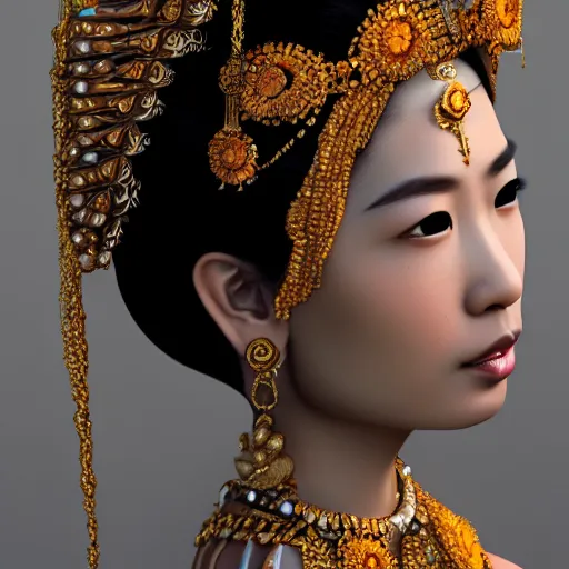 Image similar to an asian female goddess, ornate, headpiece, 8 k, photorealistic, intrinsic details, trending in artstation