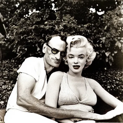 Prompt: “Marilyn Monroe and her husband Arthur Miller photographed at their home in Amagansett, 1957, realistic photo”