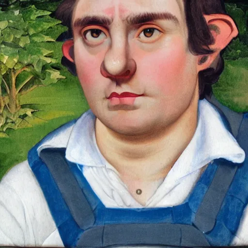 Image similar to close up headshot of a frowning clean shaven pudgy British lad with short curly dark brown hair as a hobbit wearing a white men's crossbody sling chest bag and blue vest, blue vest!! white crossbody chestbag!! high resolution film still, painting by William Blake