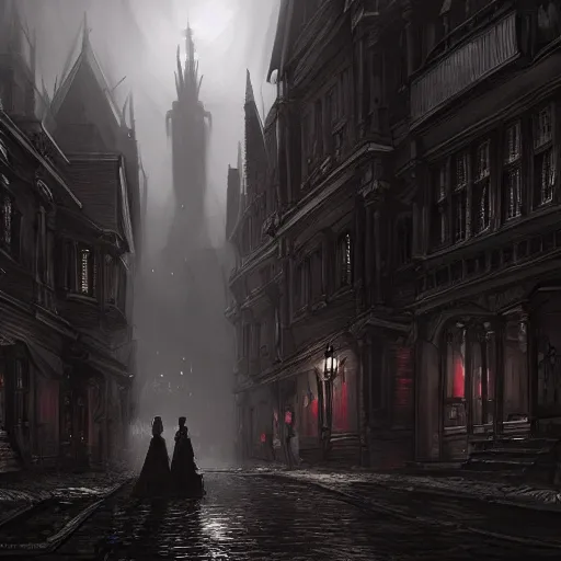 Image similar to dark fantasy Victorian city, digital art, concept art, trending on artstation, highly detailed, grim atmosphere, volumetric lighting