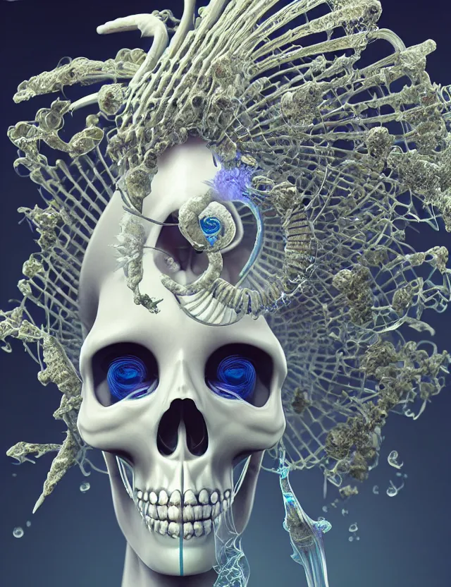 Image similar to 3 d goddess skeleton macro close - up portrait with crown made of ram skull. betta fish, jellyfish phoenix, bioluminiscent, plasma, ice, water, wind, creature, super intricate ornaments artwork by tooth wu and wlop and beeple and greg rutkowski