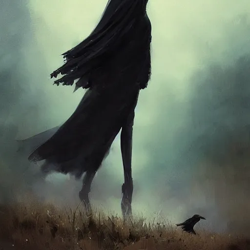 Image similar to morning, a woman in a black dress with a raven head. no face. sun, cinematic, clouds, vogue cover style, contracting colors mood, realistic painting, intricate oil painting, high detail, figurative art, poster art, by simon bisley, ismail inceoglu, wadim kashin, filip hodas. pixar theme.