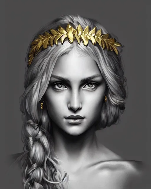 Image similar to front view of beautiful aphrodite greek goddess wearing a gold laurel wreath and triangle earrings, realism tattoo sketch, beautiful piercing eyes with sharp pupils, beautiful blonde hair, in the style of greg rutkowski, fantasy, amazing detail, epic, elegant, smooth, sharp focus