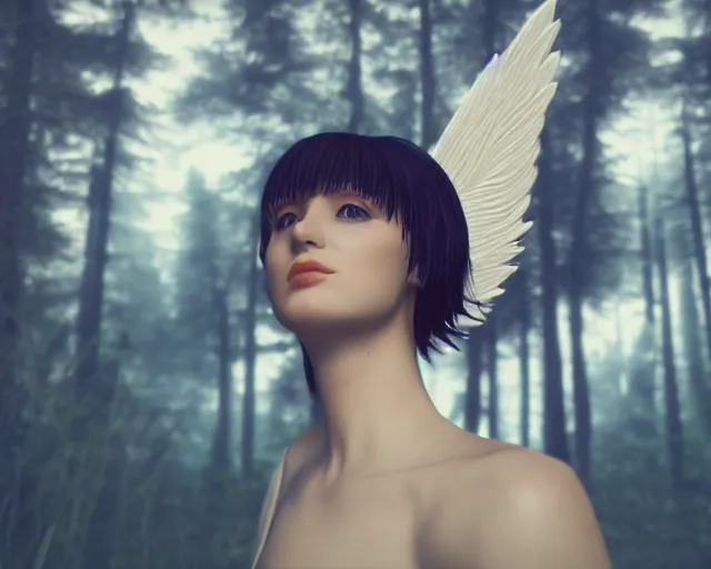 Image similar to a female angel : : one white wing, the other a dark midnight blue with tiny stars inside it : : with blonde hair just past her shoulders, standing in a forest with her back to camera : : octane render : : 8 k