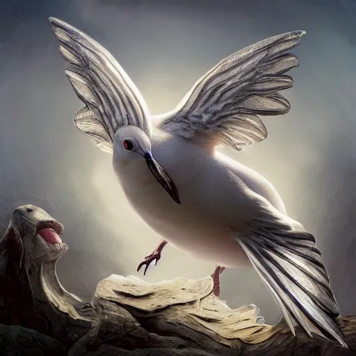 Prompt: a dove made of teeth, ultra realistic, concept art, intricate details, highly detailed, photorealistic, octane render, 8 k, unreal engine, art by frank frazetta, simon bisley, brom