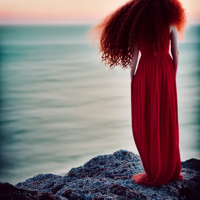 Image similar to a portrait photography of with red long curly hair and full body dress in white by Flora Borsi, stand up with the sea behind, soft sunset lighting, pastel colors scheme, fine art photography, dramatic backgroung, 50 mm sigma art