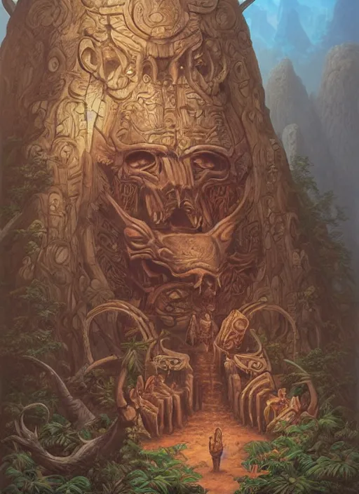 Image similar to a totem in the jungle, with faces of ancestors in the sky wearing tribal masks, hyper detailed, art by christophe vacher