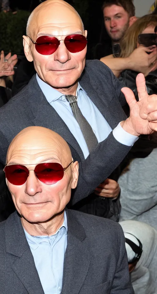 Prompt: patrick stewart as a gigachad with sunglasses, doing finger guns