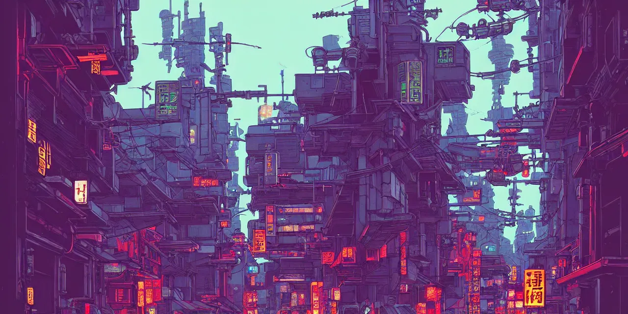 Image similar to Masamune Shirow simon stalenhag exterior Robot Knight Myrmidon street neo tokyo cyberpunk. ian mcque ink calligraphy art James Gilleard.