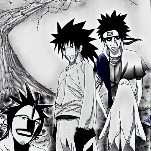 Image similar to Sasuke and Frank Zappa save Naruto manga panel award winning black and white art by Frank Zappa and Kishimoto highly detailed pen and ink matte painting