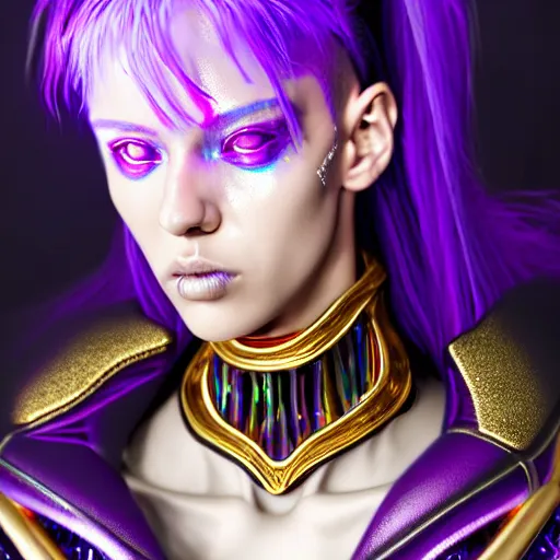 Prompt: hyperdetailed close portrait of a stunningly beautiful cyberpunk girl androgynous wizard guard made of iridescent metals and shiny purple gems, bright rainbow nimbus, transparent necklace, gold background inspired by ross tran and masamune shirow and kuvshinov, concept art, intricate, photorealistic, octane render, rtx, hdr, unreal engine, dnd digital art by artgerm