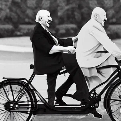 Image similar to joe biden and gandhi drunkenly riding two seater bike together, laughing and joking, photorealistic, detailed