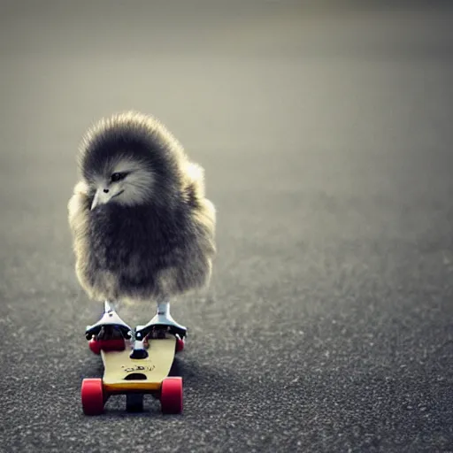 Image similar to fluffy chick riding skateboard, photorealistic