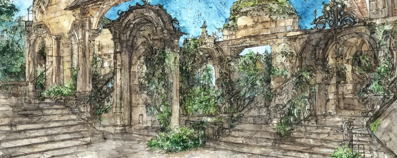 Prompt: courtyard walkway, fountain, castle, stairway, chairs, wrought iron, gate, botanic garden, botanical herbarium paper, watercolor colored painting, iridescent colors, realistic shaded, fine, artstation, italian style, colonnade ornate headdress, craving, carved, insanely detailed