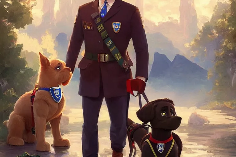 Image similar to beautiful cottagecore handsome joe biden holding a paw patrol dog named chase, intricate, elegant, highly detailed, digital painting, artstation, concept art, smooth, sharp, focus, illustration, art by artgerm and greg rutkowski and alphonse mucha