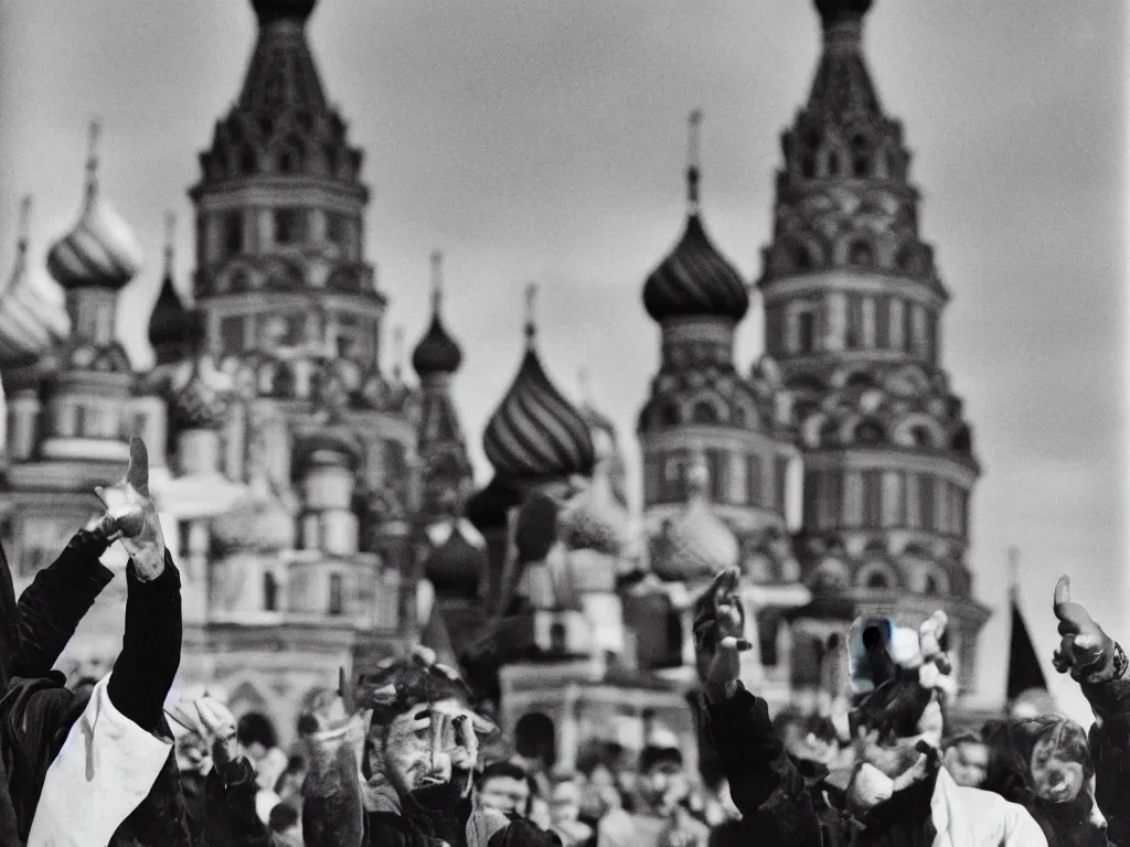 Prompt: black and white photograph a large hand with middle finger raised in front of the kremlin