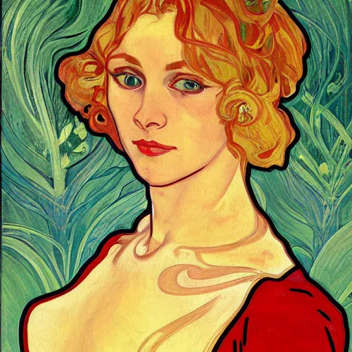 Prompt: painting of beautiful blonde haired, blue eyed woman at the cucumber soup party, elegant, clear, painting, stylized, art, art by alphonse mucha, vincent van gogh, egon schiele,