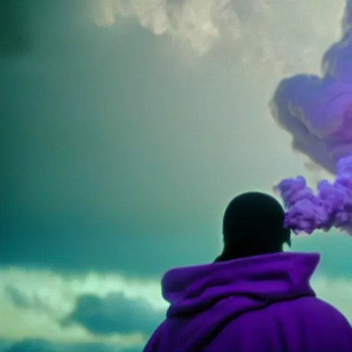 Image similar to snoop dogg as gandalf the white, exhaling a huge cloud of magical purple smoke in the synthwave shire, Japanese CGI, VFX, 2003, 40mm lens, shallow depth of field, film photography, volumetric lighting