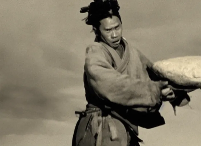 Image similar to a movie still of a samurai slicing through a loaf of bread, a movie by Akira Kurosawa