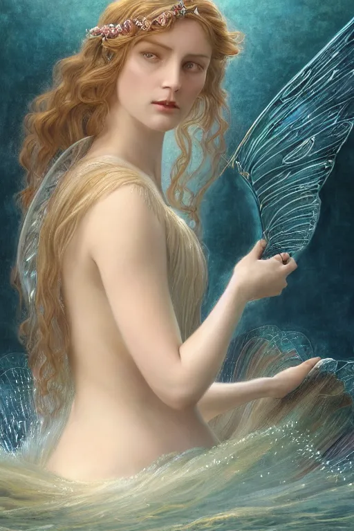 Prompt: a portrait of elegant beautiful queen of the water fairies, gossamer wings, long hair, gown made of ocean waves, illustration, dramatic lighting, soft details, painting oil on canvas, art nouveau, octane render, HDR, 4k, 8k, HD, by Edmund Blair Leighton, Brom, Charlie Bowater, faces by otto schmidt