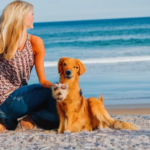 Image similar to blonde girl with a dog sitting by the beach