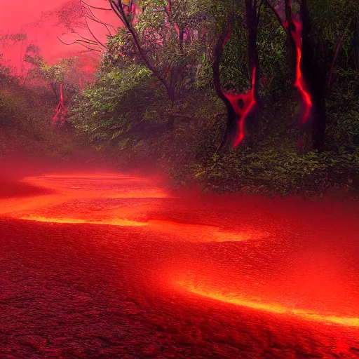 Image similar to river of glowing red hot lava in the middle of the jungle, digital art, photorealistic, trending on artstation