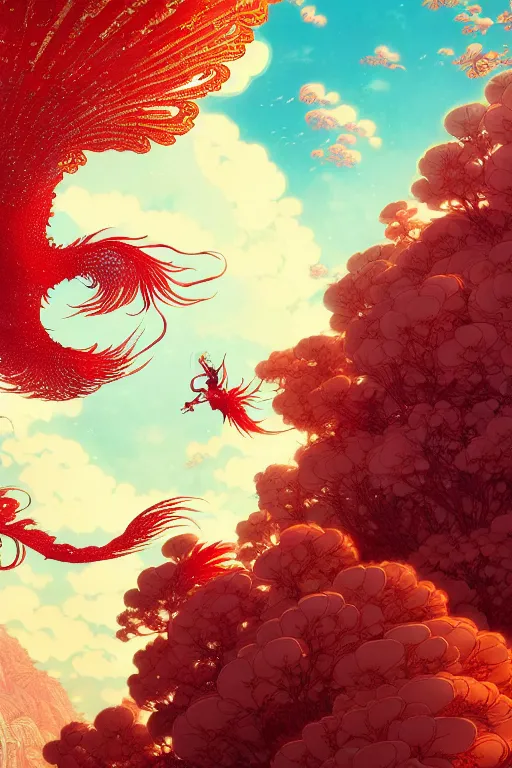 Image similar to a beautiful exquisite delicate hyperdetailed character design 4 k wallpaper illustration of a huge reddish phoenix, victo ngai style, from china, style of studio ghibli, makoto shinkai, raphael lacoste, louis comfort tiffany, denoise, deblurring, artgerm, xision, james jean, ross tran, chinese style